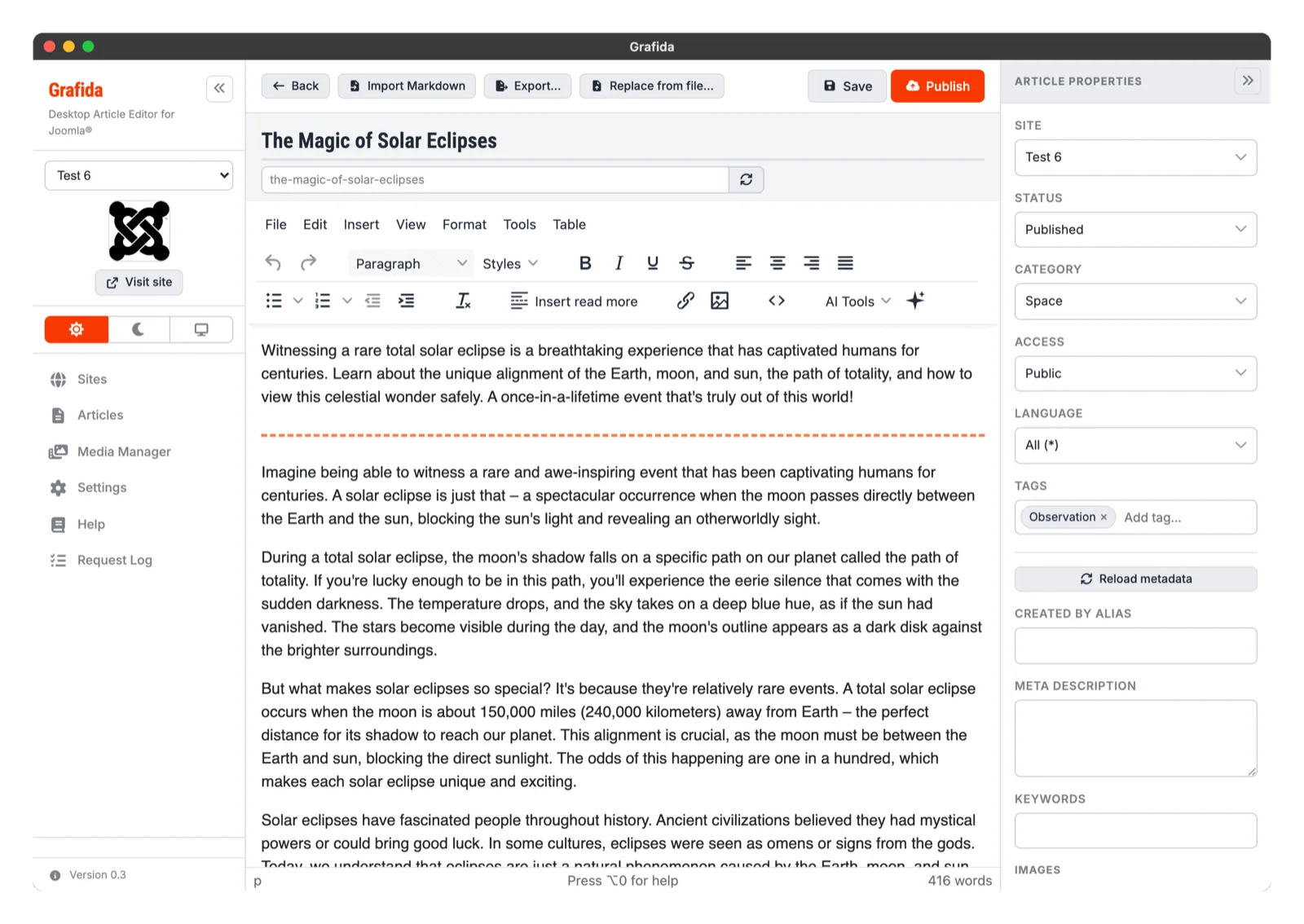Grafida's focused article editor, showing a Joomla article being written and formatted