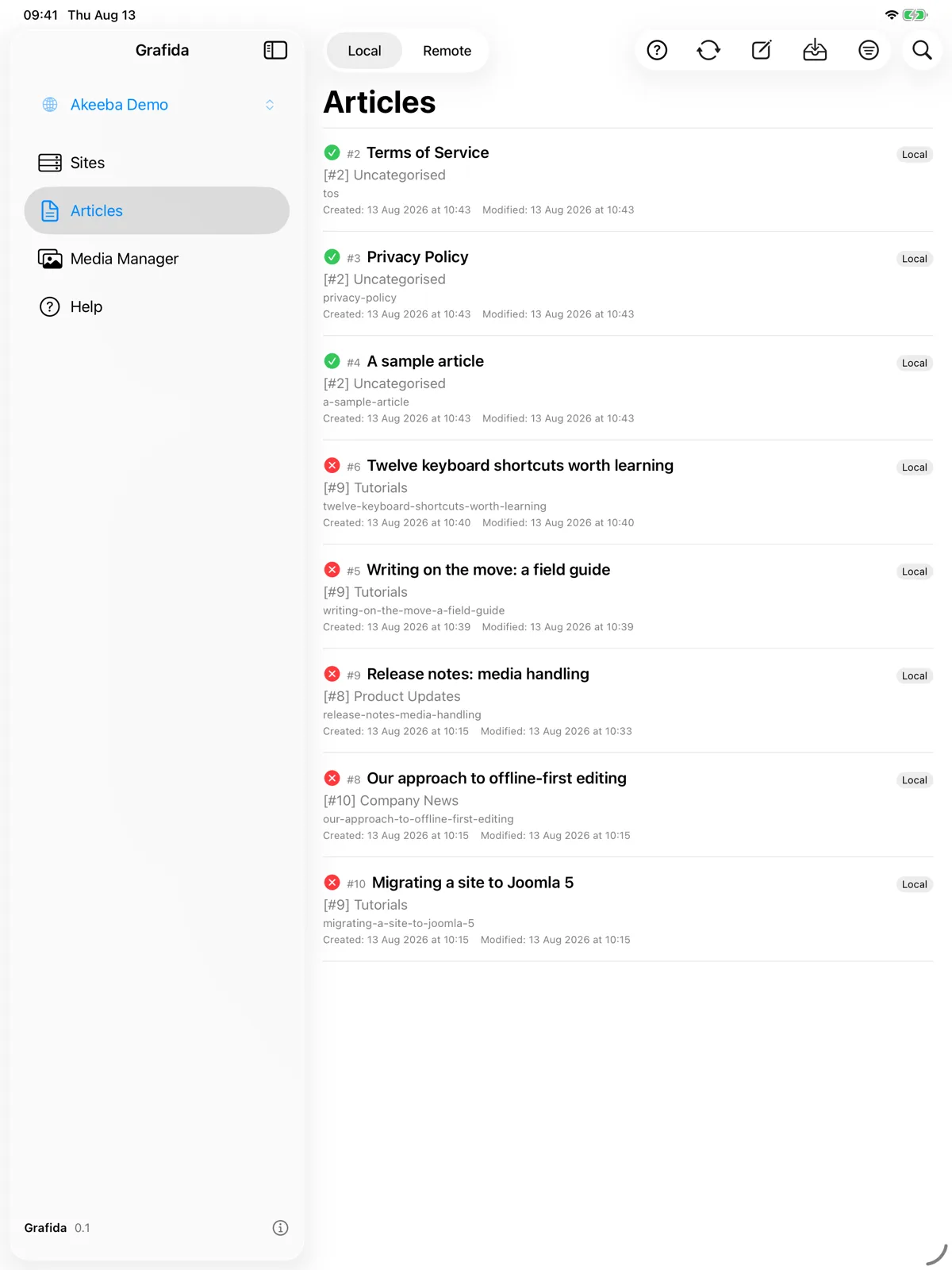Browsing articles in Grafida for iPad