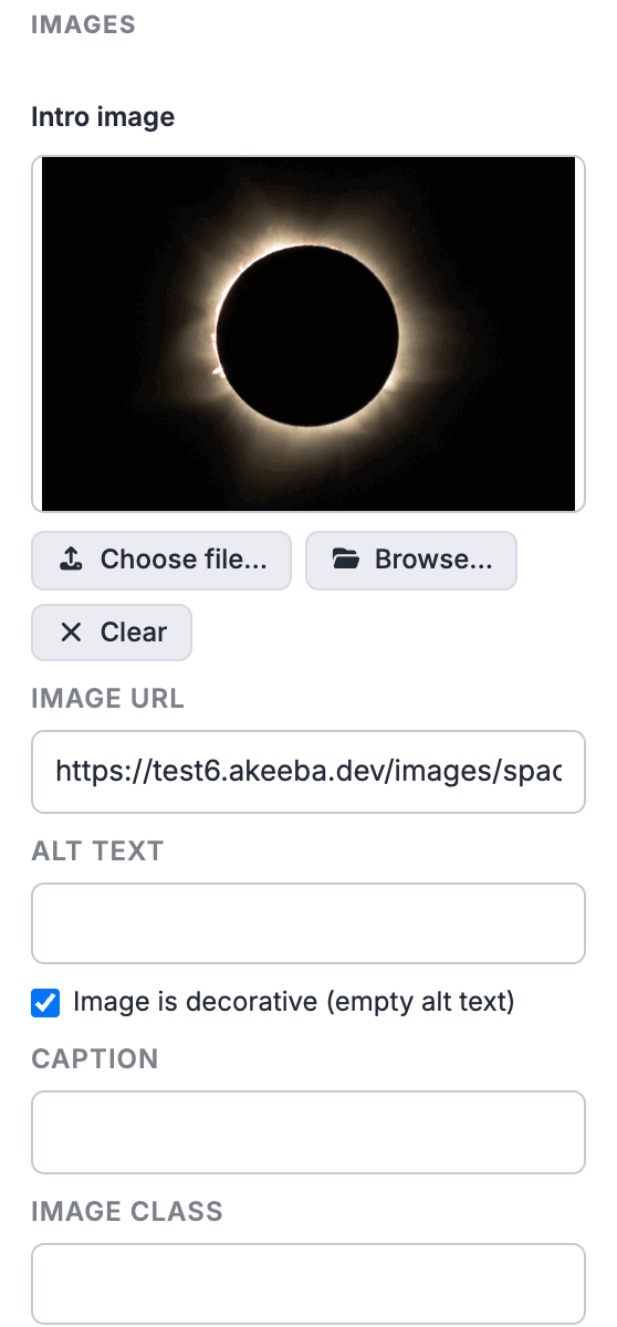 The Intro image block in the properties sidebar