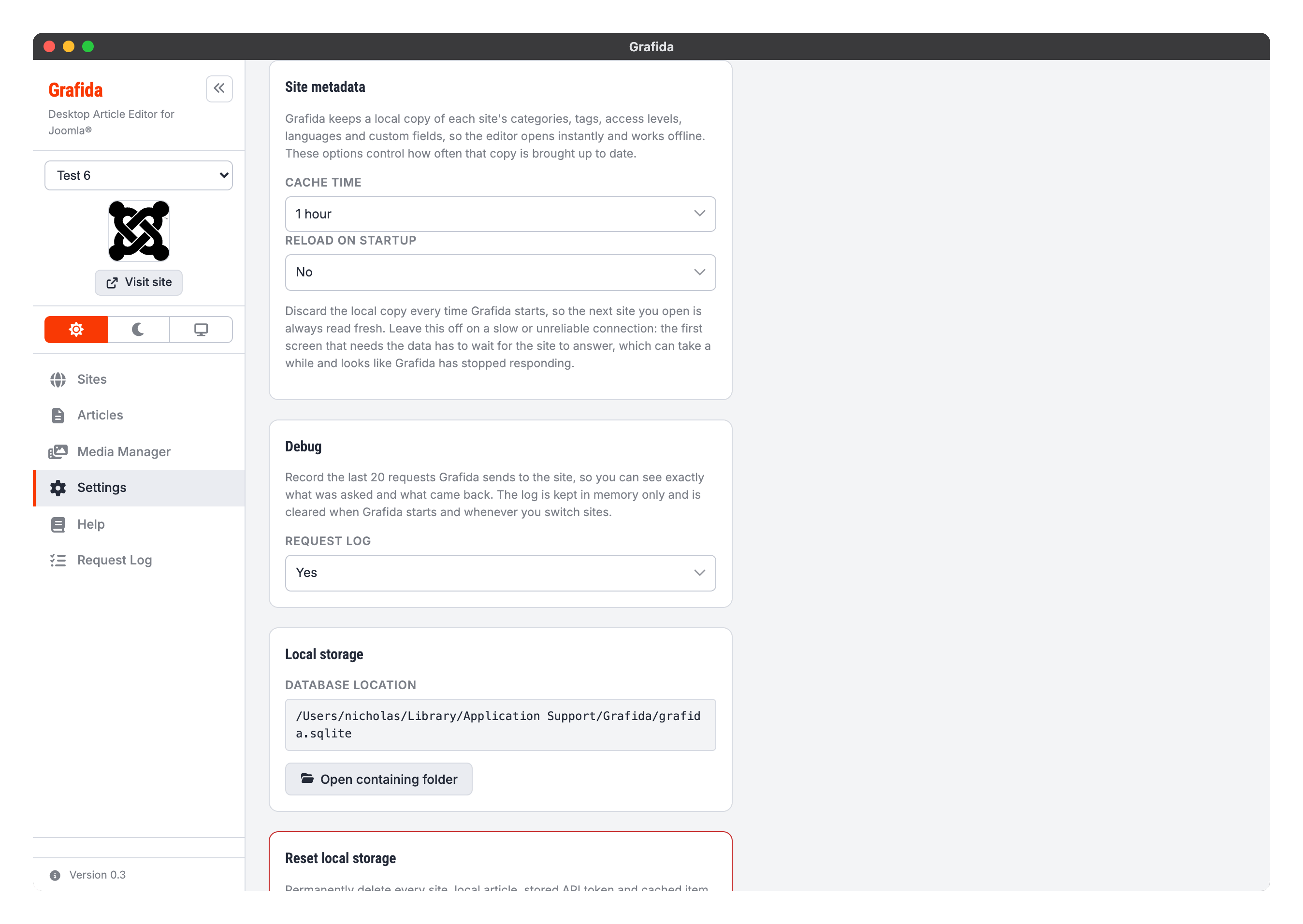 Site metadata, Debug and Local storage